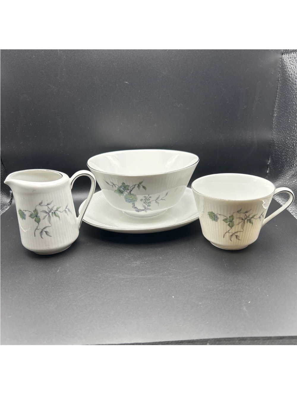 Porcelain Tea Set with Green Floral Pattern - Cream Teacup, Saucer & Creamer